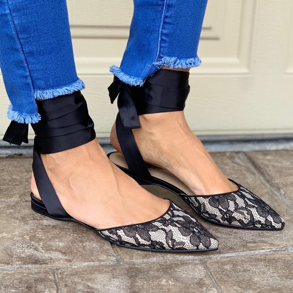 Satin Laces Ankle Wrap Pointed Toe Flats - Picture 3 of 6